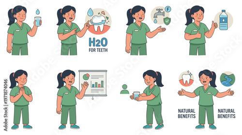 Character Set of Healthcare Professional Poses for Dental Care and Medical Activities Illustrating Water Benefits