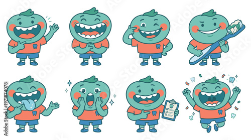 Cheerful Character Set for Dental Care & Medical Health Education with Diverse Poses and Activities Collection