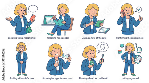 Female character set illustrating various dental care activities and medical appointment poses collection