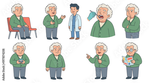 Elderly Man Character Set Engaging in Dental Care, Healthcare, and Daily Activities Poses Collection