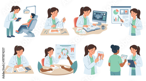 Character Set Depicting Female Dental and Healthcare Professionals in Various Medical Poses and Activities