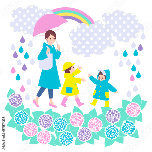 季節のファミリーイラスト（6月）雨の中を紫陽花を眺めながら散歩する親子