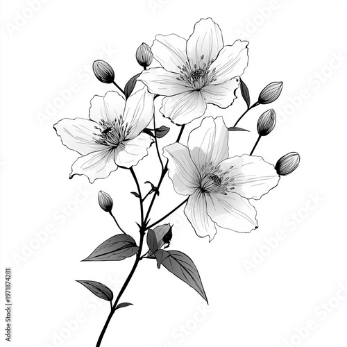 Hand-drawn clematis flowers, simple lines, vector graphics, white background, no shadows, simple drawing style, no details.