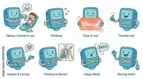 Charming Robot Character Set Illustrating Dental Care, Healthcare Poses, and Medical Activities Collection