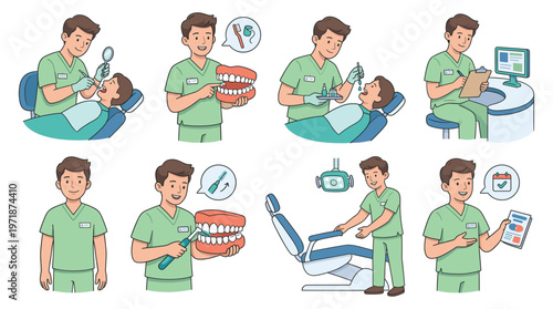 Professional Male Dentist Character Set Showcasing Dental Care Healthcare Poses and Medical Activities Collection