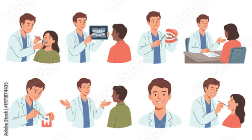 A collection of cartoon dentists and patients depicting various dental care, healthcare, and medical procedures