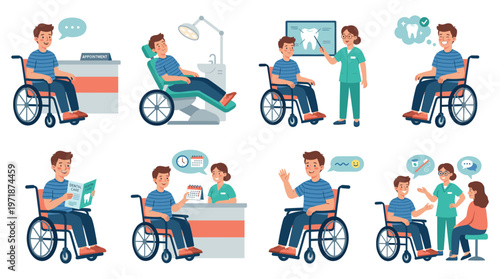 Accessible Dental Care and Medical Healthcare Poses Diverse Activities of a Character in a Wheelchair Collection