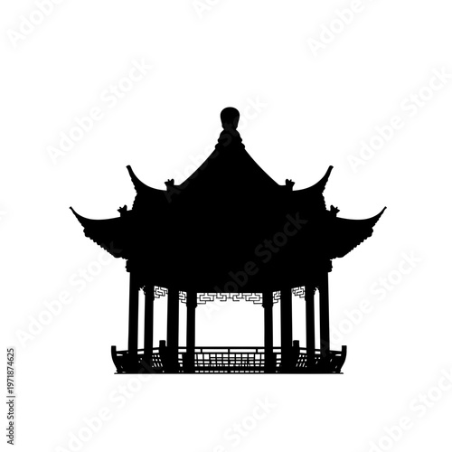 Silhouette of Serenity: An elegant silhouette of a traditional Asian pagoda, evoking tranquility and cultural heritage. The delicate architecture of the structure stands against the open background.