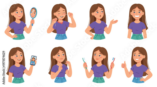 Happy Character Set Illustrating Dental Care, Healthcare, And Daily Poses And Activities Collection