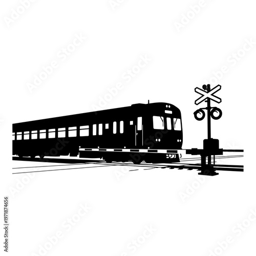 Silhouette of Train and Railroad Crossing: A minimalist monochrome depiction of a sleek train approaching a railroad crossing, with detailed lines of train.
