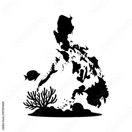 Philippines Silhouette: An artistic silhouette captures the iconic shape of the Philippine islands, featuring marine life elements, a vibrant coral and swimming fish.