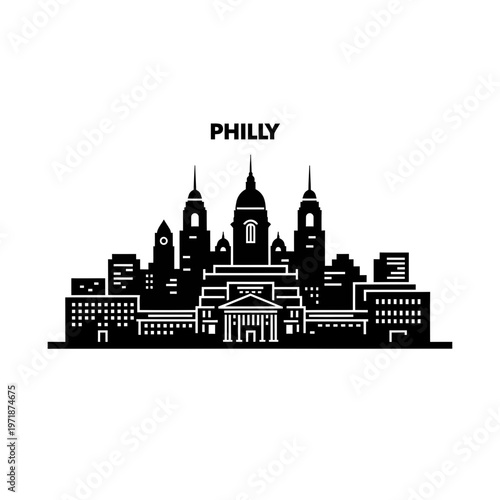 Philadelphia Cityscape Silhouette: A minimalist, high-contrast illustration of Philadelphia's iconic skyline, showcasing key architectural landmarks against a simple backdrop. 