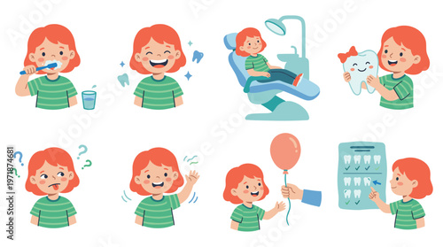 Adorable Cartoon Child Character Set Showcasing Dental Care, Oral Hygiene, and Medical Visit Poses