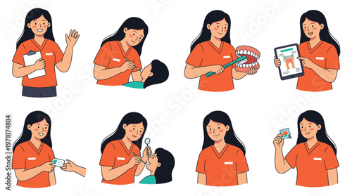 Character set of a dental care healthcare professional in various medical poses and patient activities
