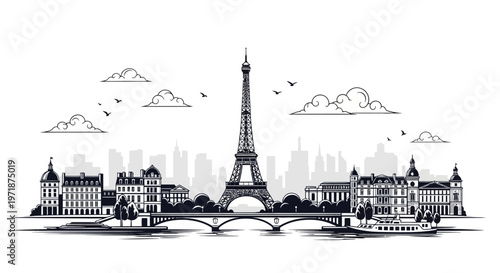 Monochrome vector illustration showcases the Paris skyline with iconic landmarks and a detailed view of the Eiffel Tower, set against a clean white background with stylized clouds