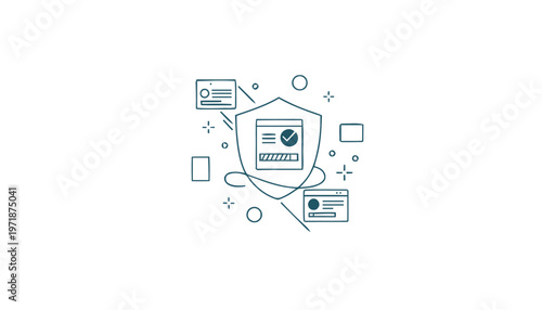 Digital Security Shield with Checkmark and Connected Data Icons.