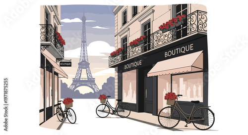 An illustration shows a picturesque street scene in Paris, with the Eiffel Tower visible in the distance and bicycles parked near a charming boutique, all rendered in a stylized, whimsical