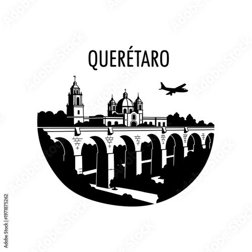 Querétaro Architecture: A detailed silhouette art that captures the iconic aqueduct of Querétaro, showcasing the architectural beauty of the city with a touch of a plane in the sky.