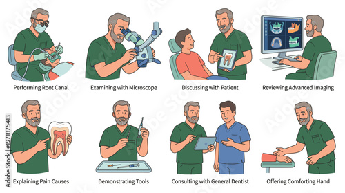 Comprehensive Dental Care Poses and Activities Collection Illustrating Healthcare Professional Procedures and Patient Interaction