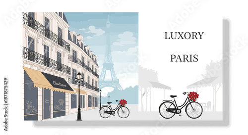 An illustration shows a Parisian street scene with the Eiffel Tower in the background, a bicycle with flowers, and a row of buildings with awnings against a partly cloudy sky in a bright
