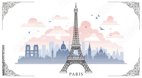 Detailed line art illustration of the Eiffel Tower in Paris, standing prominently against a pastel skyline featuring other famous buildings and landmarks, presented in a decorative frame