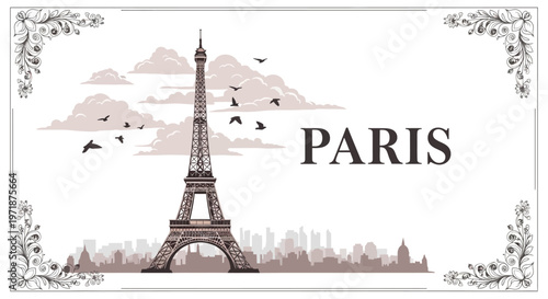 Artistic vector illustration of the Eiffel Tower in Paris, a famous landmark, silhouetted against a cloudy sky with flying birds, presented in muted earth tones with ornamental floral