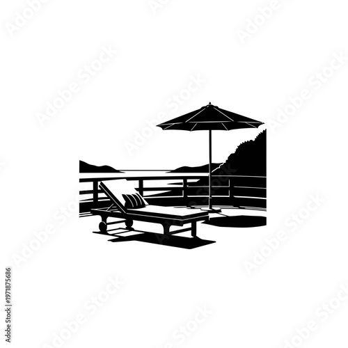 Serene Seaside Retreat: A minimalist illustration captures the essence of tranquility with a sun lounger and parasol set against a backdrop of rolling hills and a calm sea.