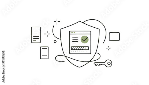 Digital Security Shield with Checkmark and Key Illustration.