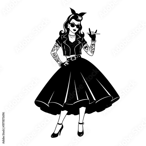 Rockabilly Elegance: A stylish woman embodies the vintage rockabilly aesthetic with a chic dress, iconic tattoos, and a rebellious attitude, set against a classic monochrome backdrop.