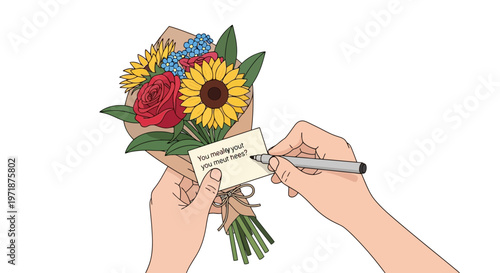 Hands holding a floral bouquet while writing a message on a gift tag for a celebration or romantic gesture against a plain white background surface