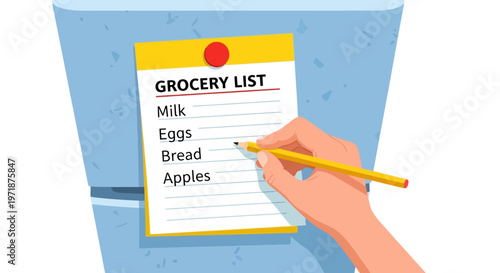 A hand holding a pencil writing a grocery list on a notepad paper attached to a blue refrigerator surface for meal planning and household budgeting