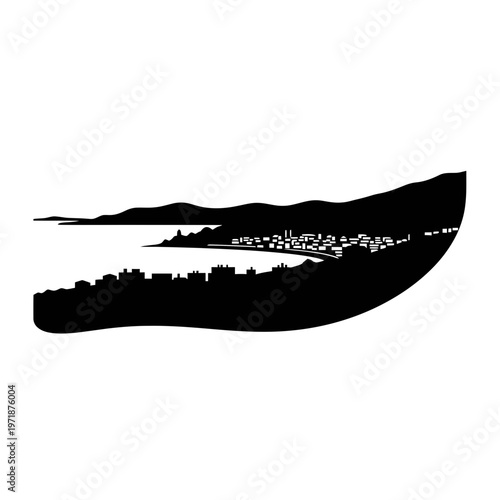 Coastal Silhouette: A sleek, minimalistic silhouette showcases a coastal landscape where a town nestles alongside the sea, with rolling hills forming a dramatic backdrop.