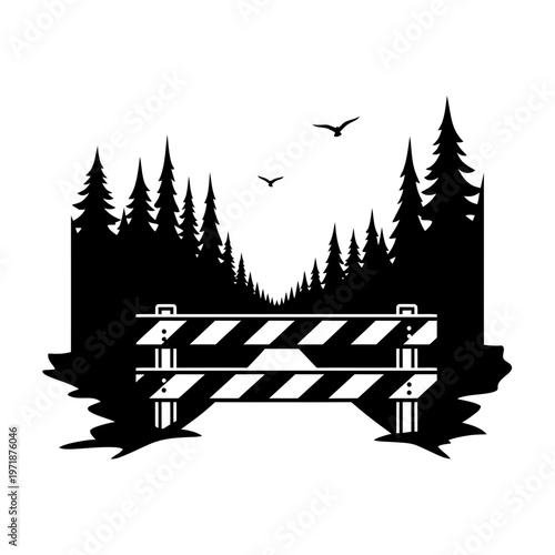 Forest Obstacle: A stark silhouette of towering trees frames a pathway, where a robust barricade stands as a clear indicator of caution, nature's gentle breeze in this outdoor sanctuary.
