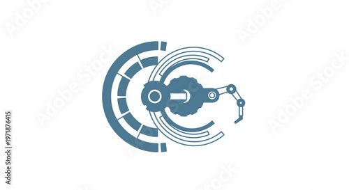 Futuristic Robotic Arm and Gear Icon on White Background.
