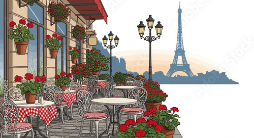 A quaint outdoor cafe scene in Paris, featuring tables adorned with red-and-white checkered cloths and vibrant flower pots, set against the iconic silhouette of the Eiffel Tower
