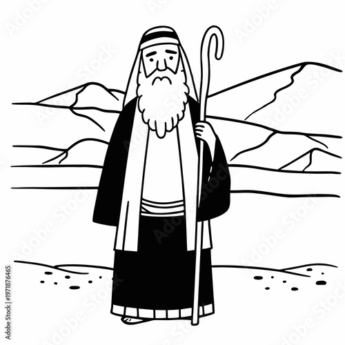 Elderly Man with White Beard Dressed as Ancient Religious Patriarch in Middle Eastern Desert, Prophet Father of Religions
