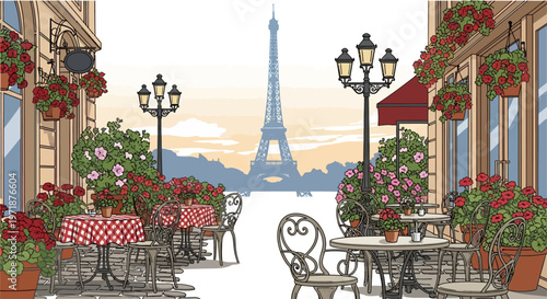 Illustration of a Parisian cafe scene with tables and chairs adorned with red checkered cloths and vibrant red flowers, set against the iconic Eiffel Tower in the distance