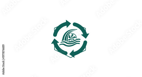 Green Recycling Symbol with Water and Arrows on White Background.