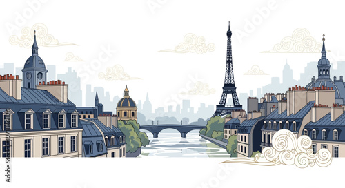 Illustrated panorama of the Paris cityscape featuring the iconic Eiffel Tower and historic buildings along the Seine River in a soft, muted color palette, rendered with a detailed, graphic