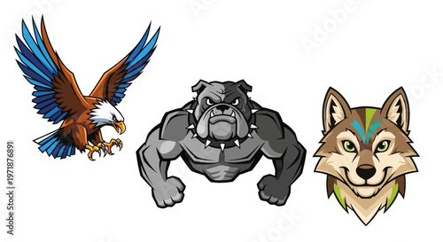 Three distinct cartoon animal mascots: a flying eagle, a muscular bulldog, and a stylized wolf head, depicted on a white background.