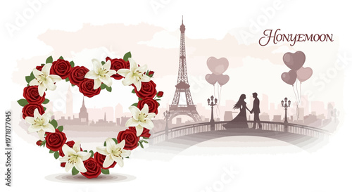 Illustration of a honeymoon silhouette couple on a bridge against the Paris skyline, with the Eiffel Tower and heart-shaped floral arrangement of white lilies and red roses