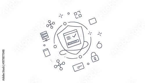 Digital Security Shield with Checkmark and Surrounding Icons.