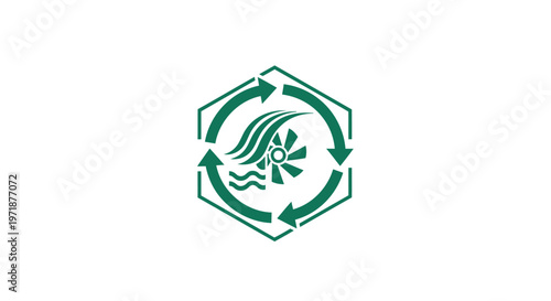 Green recycling symbol with water and fan elements on white background.