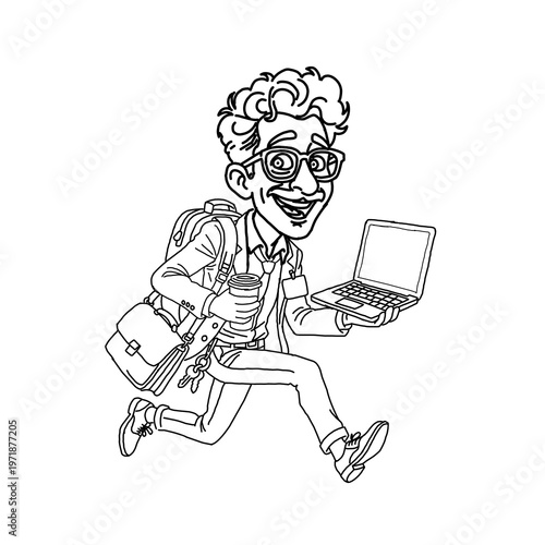 Energetic businessman running while holding a laptop and coffee. Cheerful professional character in a hurry for success. Vibrant flat vector illustration for productivity and busy lifestyle.