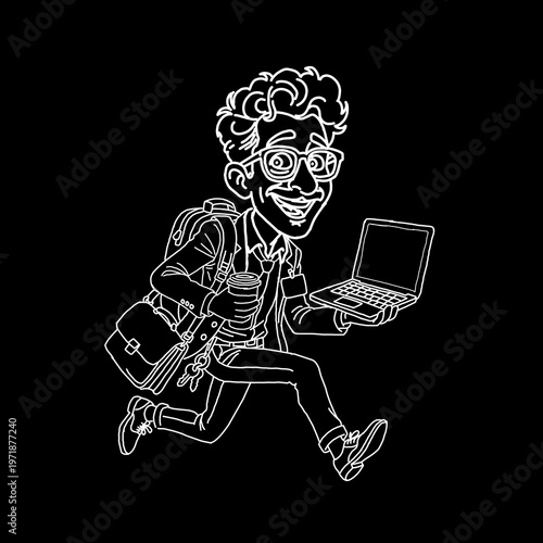 Minimalist white line art caricature of an energetic man running with a laptop. Cheerful professional in a hurry on black background for dynamic work and productivity concept. Modern hand-drawn style.