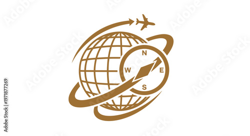 Golden Globe with Compass and Airplane Symbolizing Travel and Exploration.