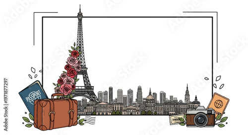 A decorative frame showcases the Paris city skyline, featuring the Eiffel Tower adorned with flowers, alongside a suitcase, camera, and passport against a white background