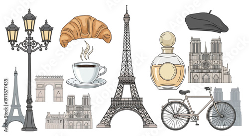 Detailed vector illustration showcases iconic Paris landmarks and symbols, including the Eiffel Tower, Notre Dame, a croissant, and a vintage bicycle, presented in a clean, cartoon style