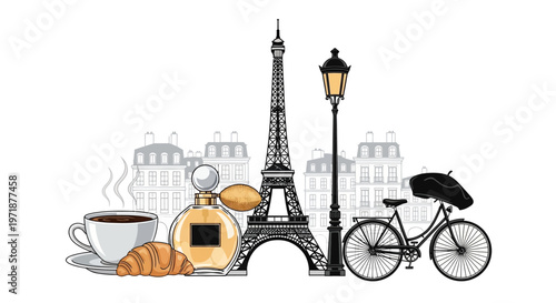 Stylized vector illustration of the Eiffel Tower as a famous landmark in the city of Paris, alongside a cup of coffee, croissant, perfume, bicycle, and beret hat against a white background