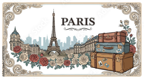 Illustrated travel poster of Paris featuring the Eiffel Tower set against a skyline, with vintage suitcases stacked to the side and roses in the foreground, all framed with ornate vintage